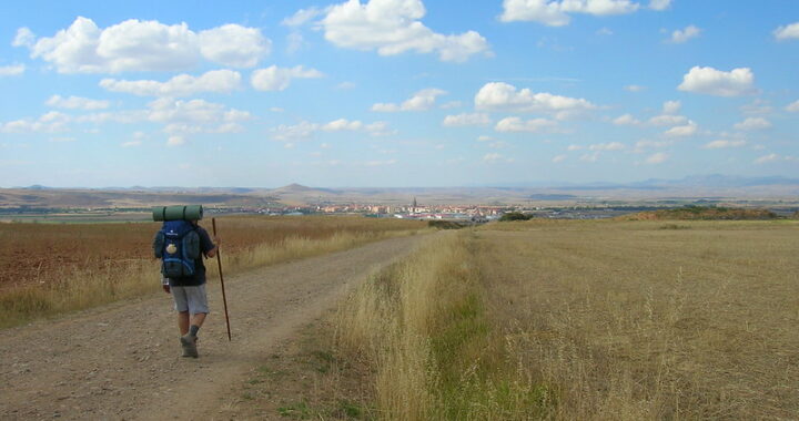 Paisaje con un pueblo al fondo y un peregrino de espaldas, caminando por un camino hacia el pueblo.